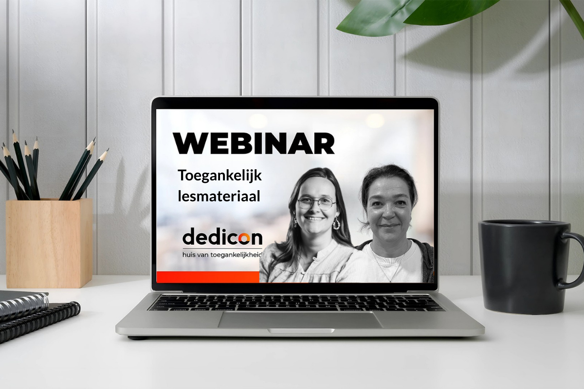 laptop met tekst Webinar Toegankelijk lesmateriaal. Portretten van Dedicon-experts Fleur Willemse en Britta van Gendt