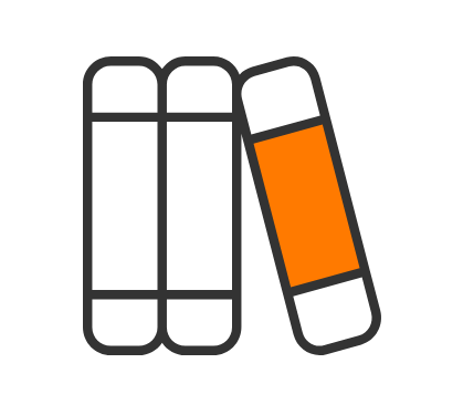 icoon dat 3 staande boeken weergeeft. 1 boek staat schuin tegen de andere 2 en heeft oranje rug